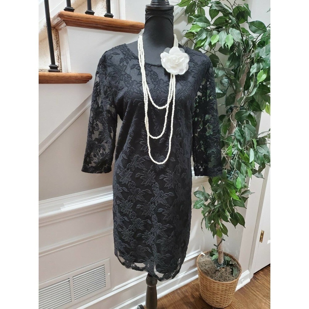 W118 by Walter Baker Women Black Floral Long Sleeve ScoopNeck KneeLength Dress L
